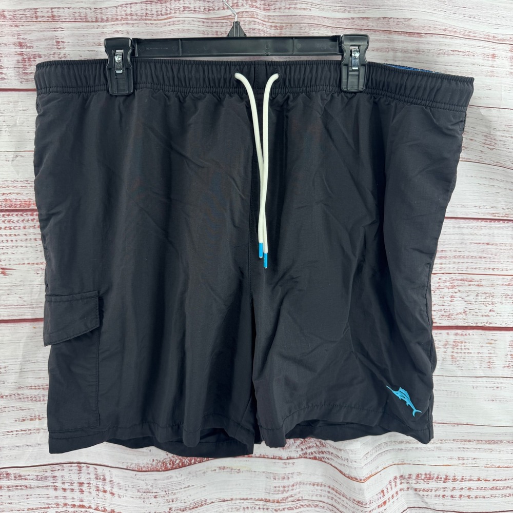 Tommy Bahama Shorts Mens 2XL Black Swim Trunks Cargo Pocket Mesh Lining Marlin
